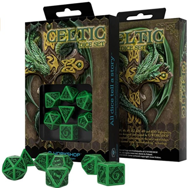 DND - Dice Set - Celtic 3D Green and Black - Universal Distribution - Card Brawlers | Quebec | Canada |
