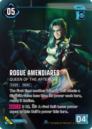 Rogue Amendiares - Queen of the Afterlife (IO) (B166) - Welcome to Night City Beta Foil - Card Brawlers