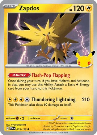 Zapdos (055/128) - Holofoil [ME 30th Celebration] - Card Brawlers