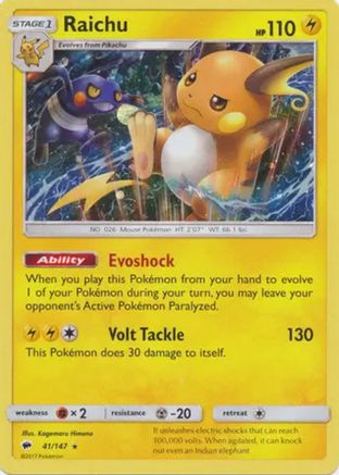 Raichu (41/147) (Cosmos Holo) [Sun & Moon: Burning Shadows] - Card Brawlers | Quebec | Canada | Yu-Gi-Oh!