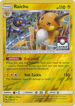 Raichu (41/147) (League Promo 2nd Place) [Sun & Moon: Burning Shadows] - Card Brawlers | Quebec | Canada | Yu-Gi-Oh!