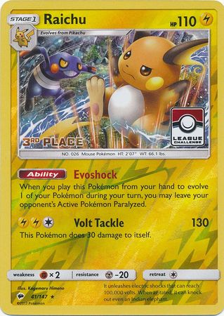 Raichu (41/147) (League Promo 3rd Place) [Sun & Moon: Burning Shadows] - Card Brawlers | Quebec | Canada | Yu-Gi-Oh!